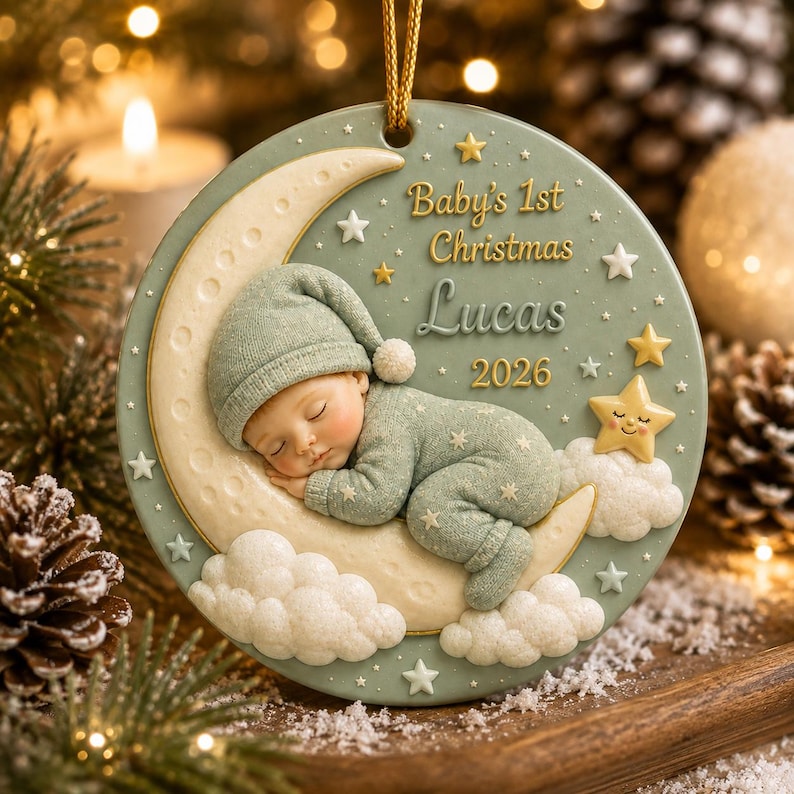 Personalized 3D Relief Baby's First Christmas Ornament 2026, Custom Name Ceramic Keepsake