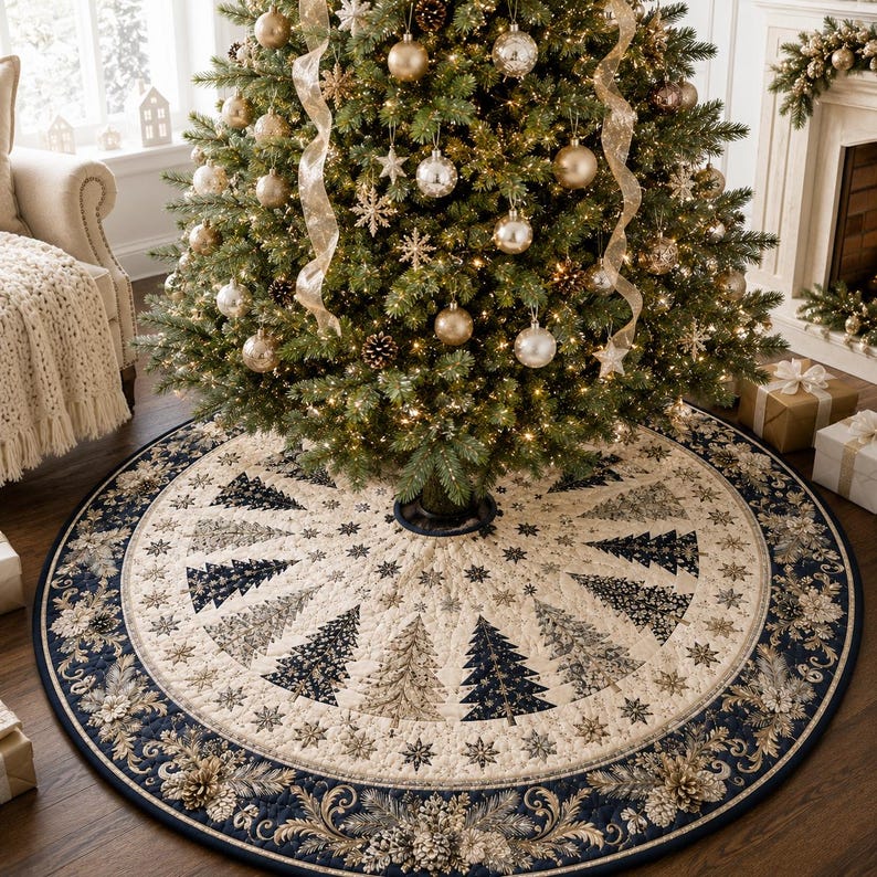 Elegant Christmas Tree Skirt, Luxury Gold Navy Quilted Tree Skirt, Floral Christmas Decor, Elegant Holiday Tree Mat