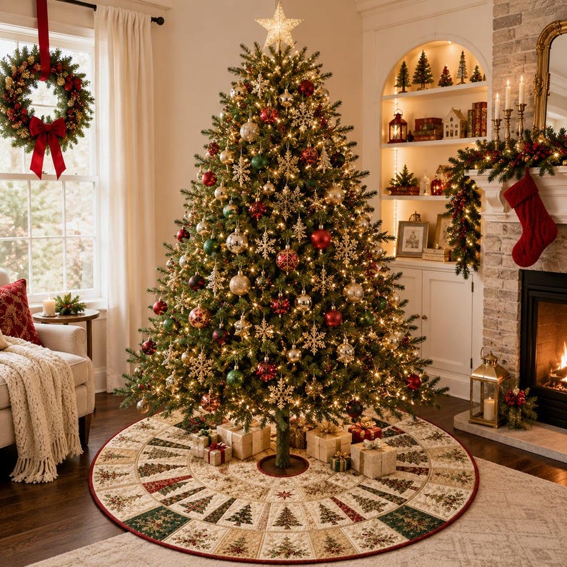 Elegant Christmas Tree Skirt, Luxury Gold Navy Quilted Tree Skirt, Floral Christmas Decor, Elegant Holiday Tree Mat