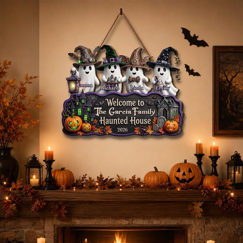Halloween Welcome To Family Haunted House Cute Boo Kids Wood Sign, Custom Halloween Decor, Ghost Family Name Sign