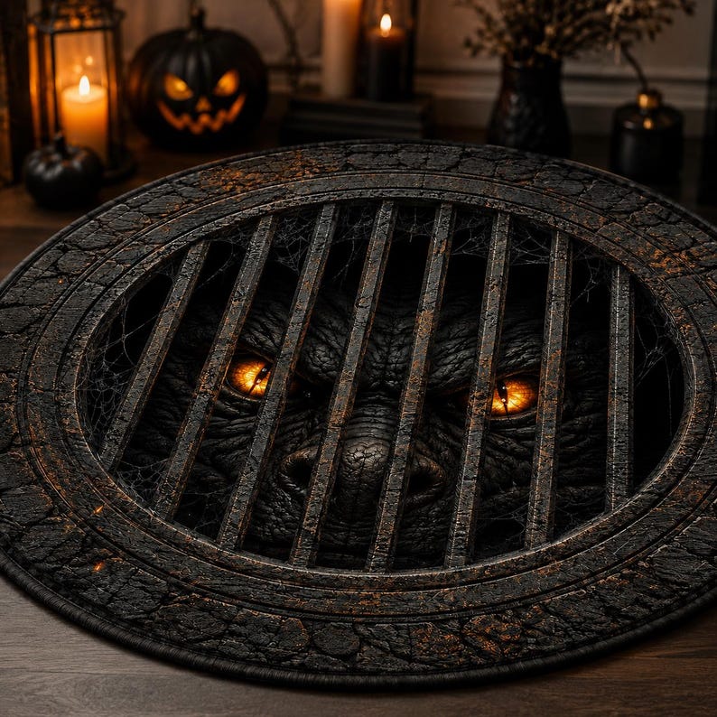 3D Monster Rug, Sewer Grate Floor Mat, Round Horror Area Rug, Gothic Halloween Decor
