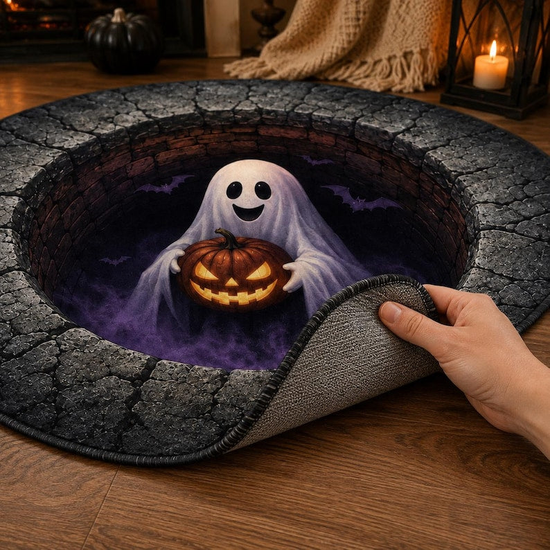 3D Ghost Halloween Rug, Round Jack O Lantern Area Rug, Spooky Optical Illusion Floor Mat, Haunted House Decor