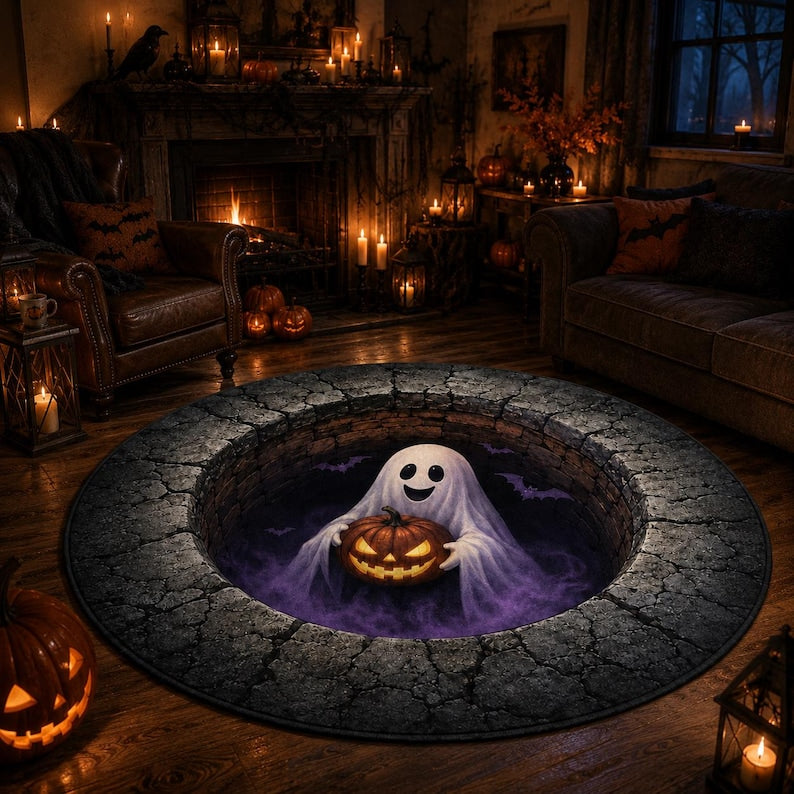 3D Ghost Halloween Rug, Round Jack O Lantern Area Rug, Spooky Optical Illusion Floor Mat, Haunted House Decor
