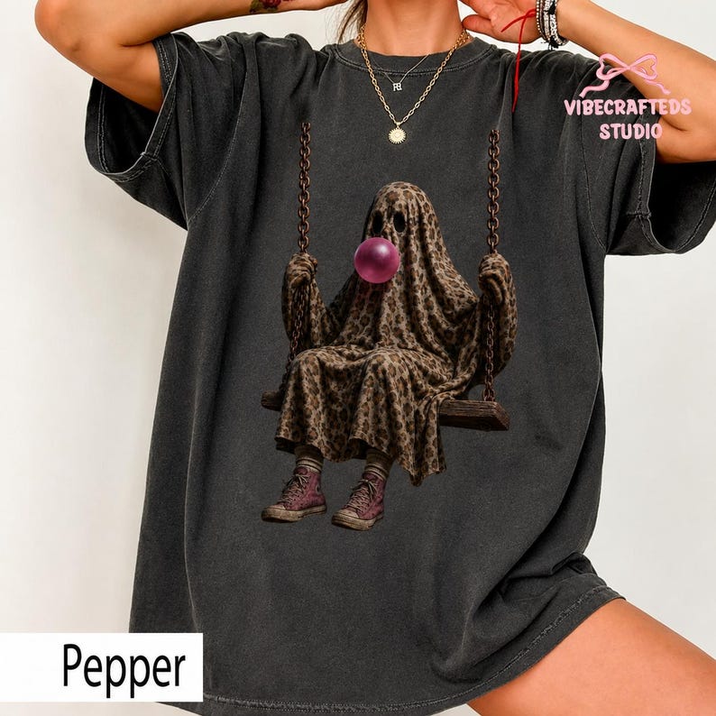Funny Leopard Ghost Swing Comfort Colors Tee, Bubble Gum Ghost Halloween Shirt, Spooky Season Unisex Shirt