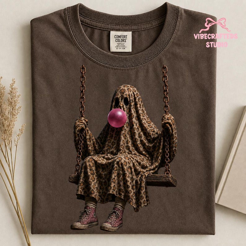 Funny Leopard Ghost Swing Comfort Colors Tee, Bubble Gum Ghost Halloween Shirt, Spooky Season Unisex Shirt