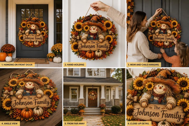 Personalized Scarecrow Sunflower Wreath Sign, Custom Family Name Fall Door Hanger, Thanksgiving Porch Decor