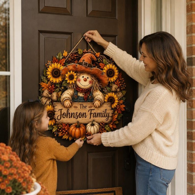 Personalized Scarecrow Sunflower Wreath Sign, Custom Family Name Fall Door Hanger, Thanksgiving Porch Decor