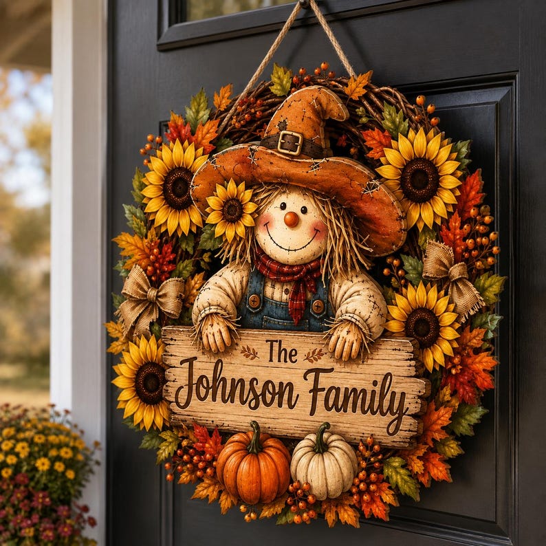 Personalized Scarecrow Sunflower Wreath Sign, Custom Family Name Fall Door Hanger, Thanksgiving Porch Decor