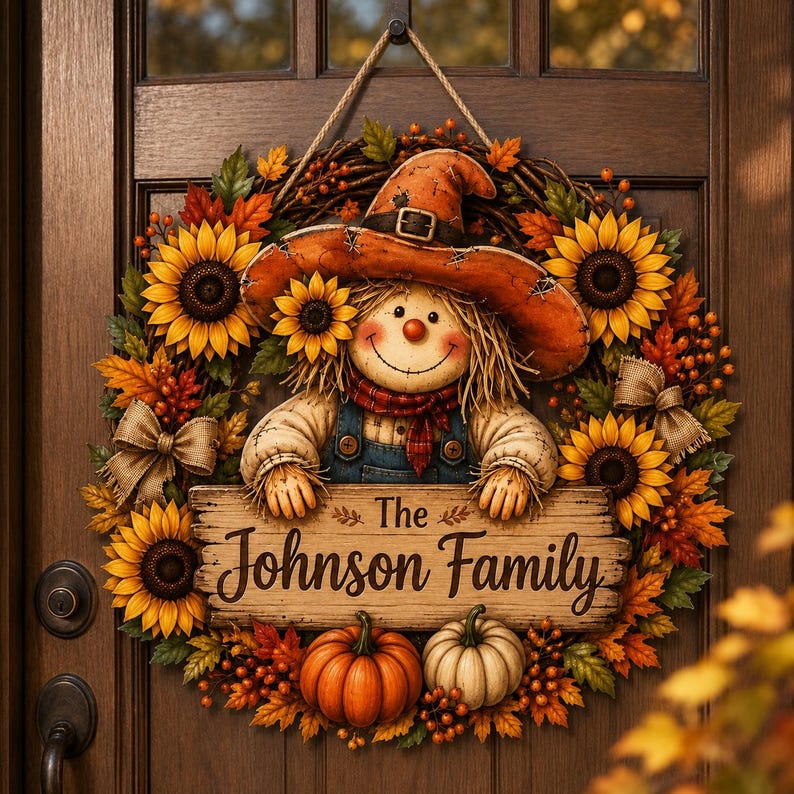 Personalized Scarecrow Sunflower Wreath Sign, Custom Family Name Fall Door Hanger, Thanksgiving Porch Decor