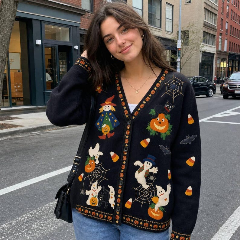 All-Over Print Knitted Cardigan, Black Halloween Ghost Pumpkin Button-Front Sweater