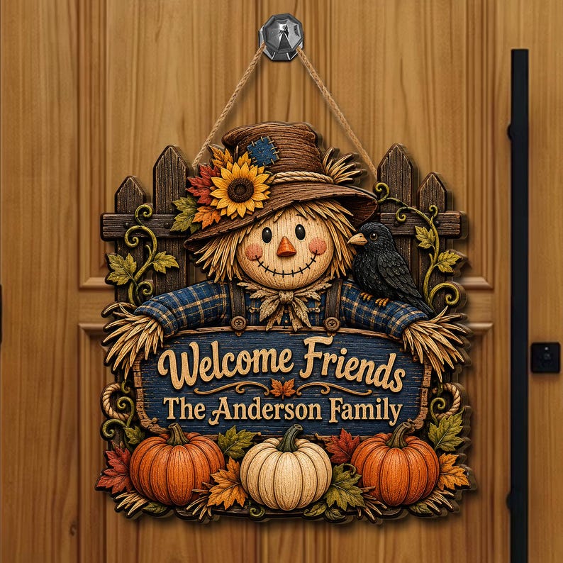 Personalized Scarecrow Halloween Wood Sign, Rustic Fall Front Door Decor, Pumpkin Patch Wall Art