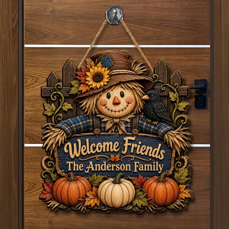 Personalized Scarecrow Halloween Wood Sign, Rustic Fall Front Door Decor, Pumpkin Patch Wall Art