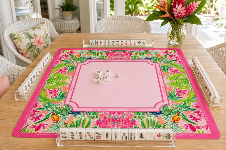 Pink Tropical Mahjong Mat American Mahjong Table Mat Palm Leaf Bird Game Mat Floral Game Night Hostess Gift