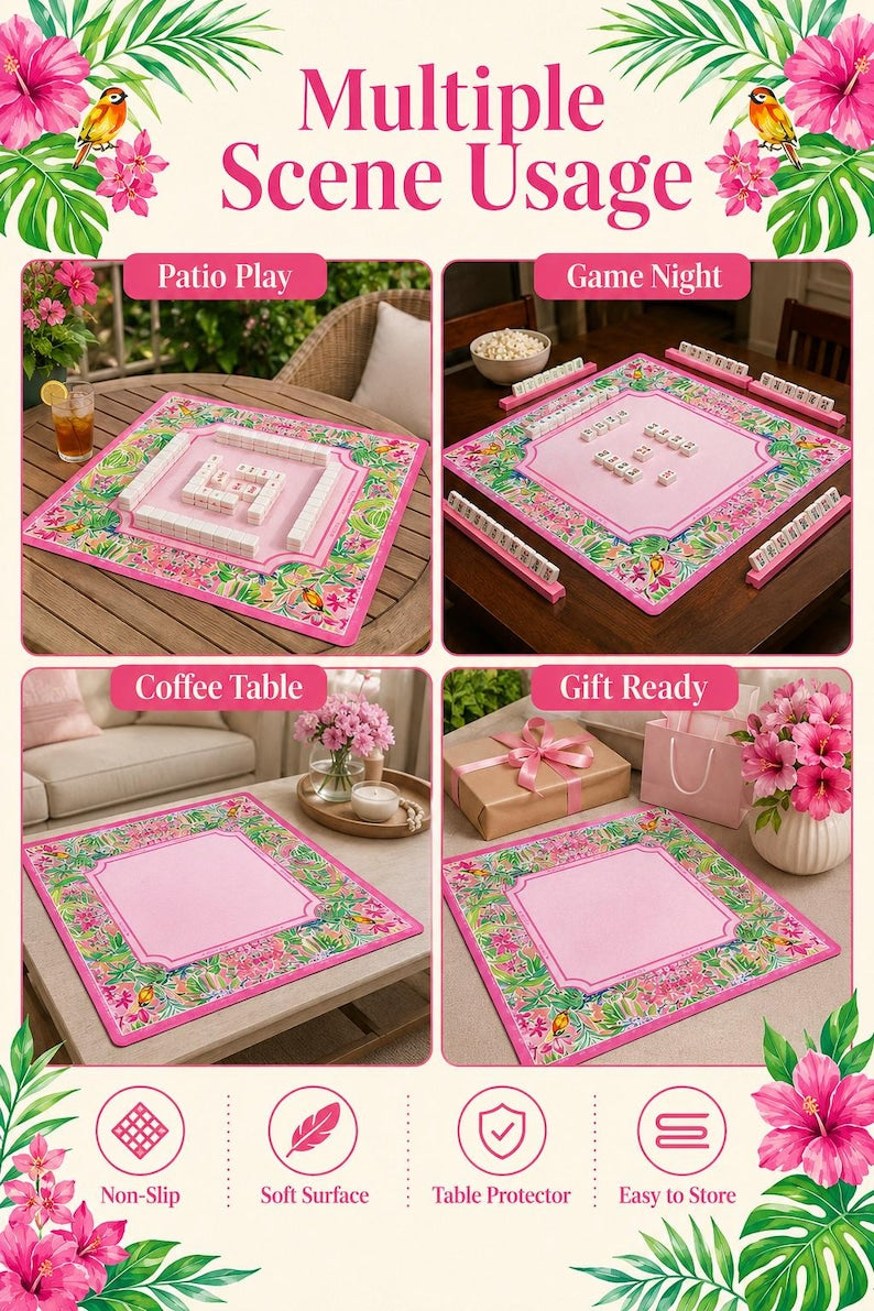 Pink Tropical Mahjong Mat American Mahjong Table Mat Palm Leaf Bird Game Mat Floral Game Night Hostess Gift