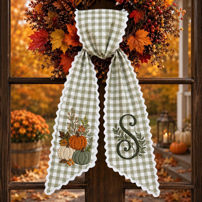 Personalized Fall Pumpkin Embroidered Sash, Gingham Monogram Fall Wreath Bow, Thanksgiving Wreath Sash