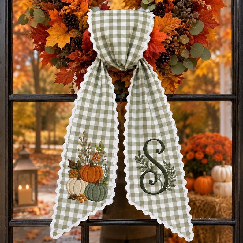 Personalized Fall Pumpkin Embroidered Sash, Gingham Monogram Fall Wreath Bow, Thanksgiving Wreath Sash