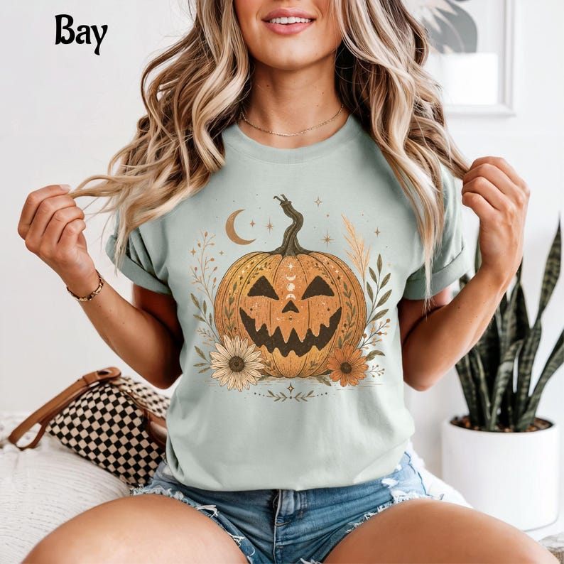 Boho Celestial Pumpkin Shirt, Vintage Halloween Comfort Colors Tee, Floral Jack O Lantern, Witchy Fall Shirt