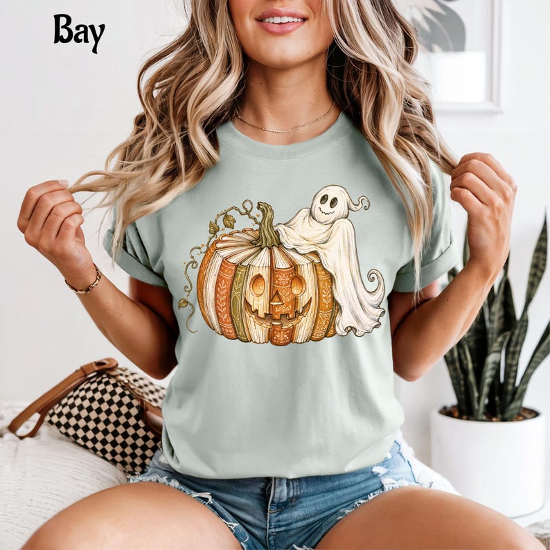 Book Pumpkin Ghost Shirt, Fall Reading Shirt, Spooky Book Lover Tee, Boho Halloween Shirt, Comfort Colors Fall Shirt