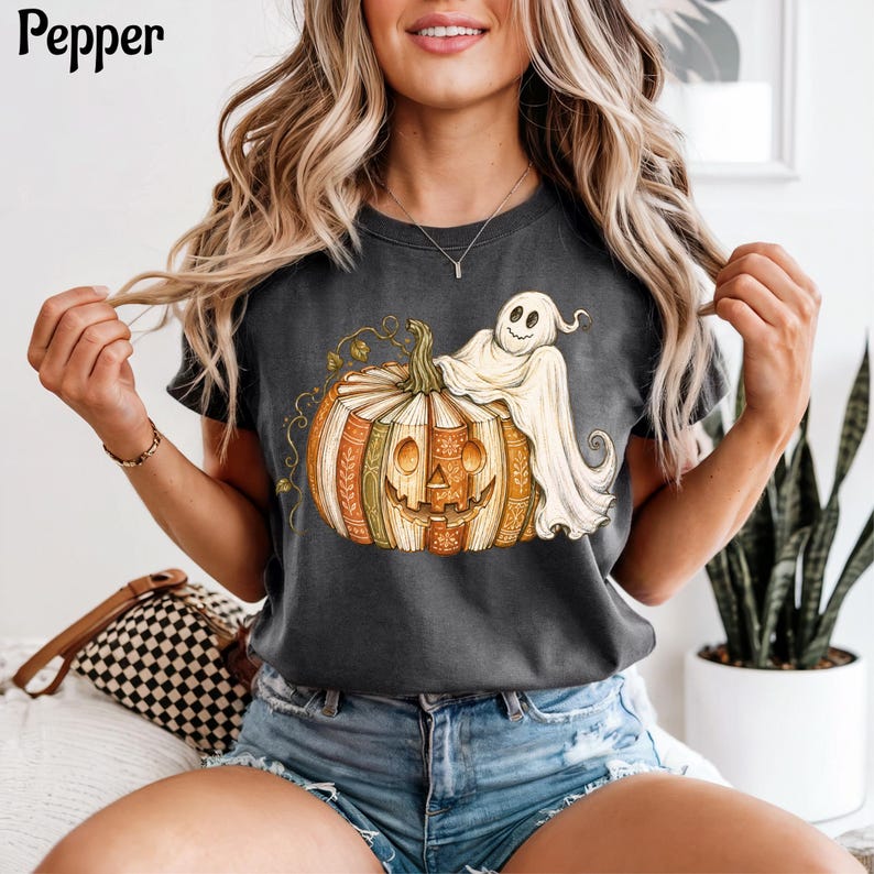 Book Pumpkin Ghost Shirt, Fall Reading Shirt, Spooky Book Lover Tee, Boho Halloween Shirt, Comfort Colors Fall Shirt