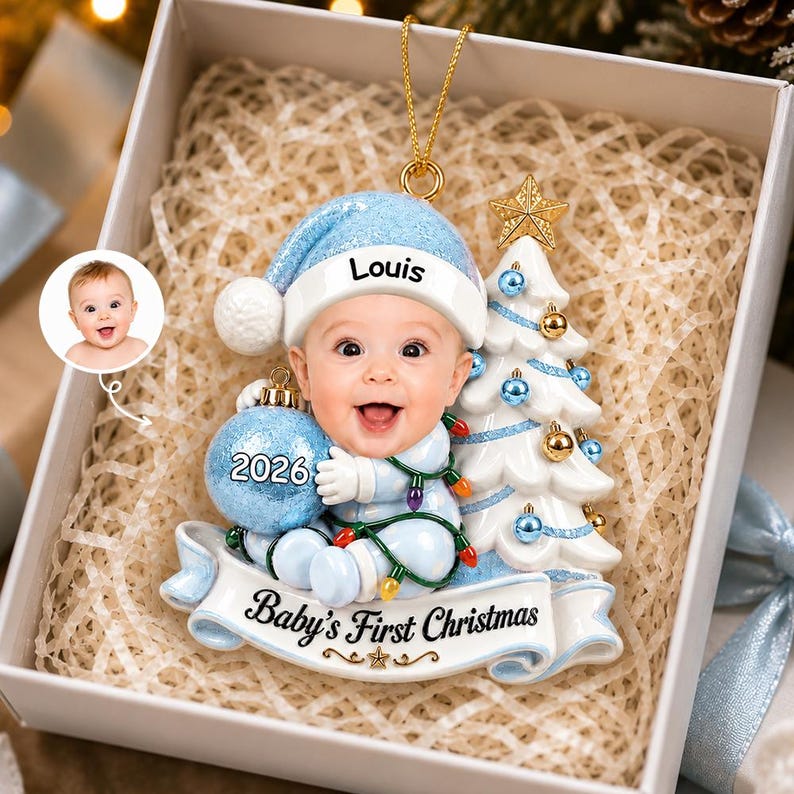 Personalized Baby First Christmas Ornament 2026, Custom Face and Name, 3D Relief Print Keepsake