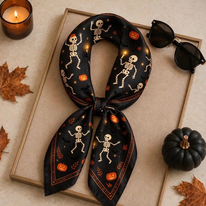 Dancing Skeleton Bandana, Spooky Halloween Headscarf, Goth Hair Wrap, Vintage Style Pumpkin Scarf, Witchy Gift
