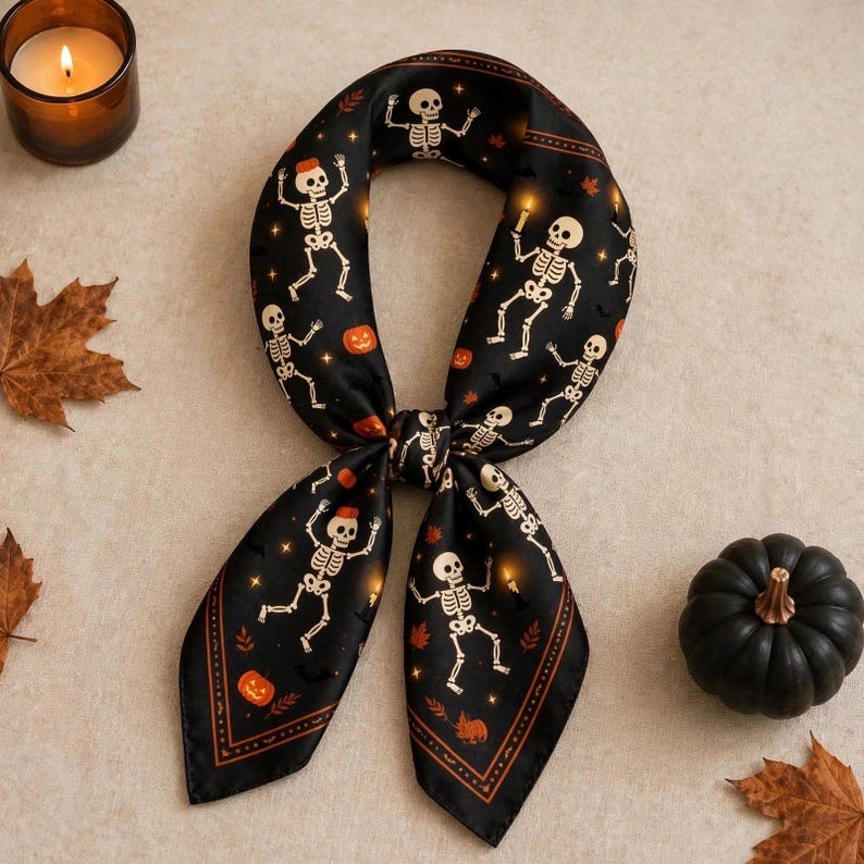Dancing Skeleton Bandana, Spooky Halloween Headscarf, Goth Hair Wrap, Vintage Style Pumpkin Scarf, Witchy Gift