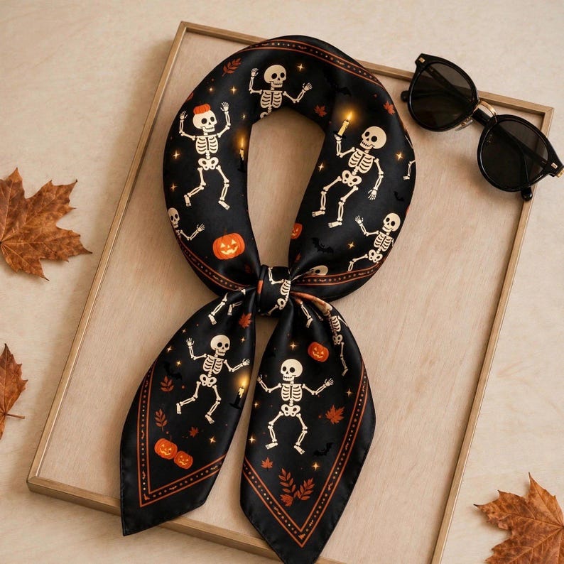 Dancing Skeleton Bandana, Spooky Halloween Headscarf, Goth Hair Wrap, Vintage Style Pumpkin Scarf, Witchy Gift