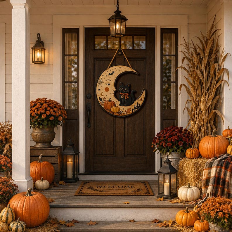Halloween Black Cat Door Hanger, Crescent Moon Pumpkin Sign, Vintage Fall Front Door Decor, Gothic Cat Lover Gift
