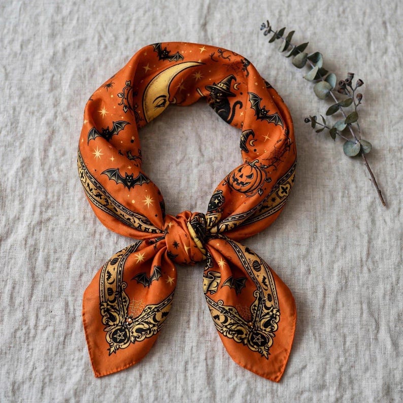 Vintage Halloween Scarf, Orange Satin Bandana, Cat Coven Hair Wrap, Spooky Black Cat Neck Tie, Retro Pumpkin Scarf
