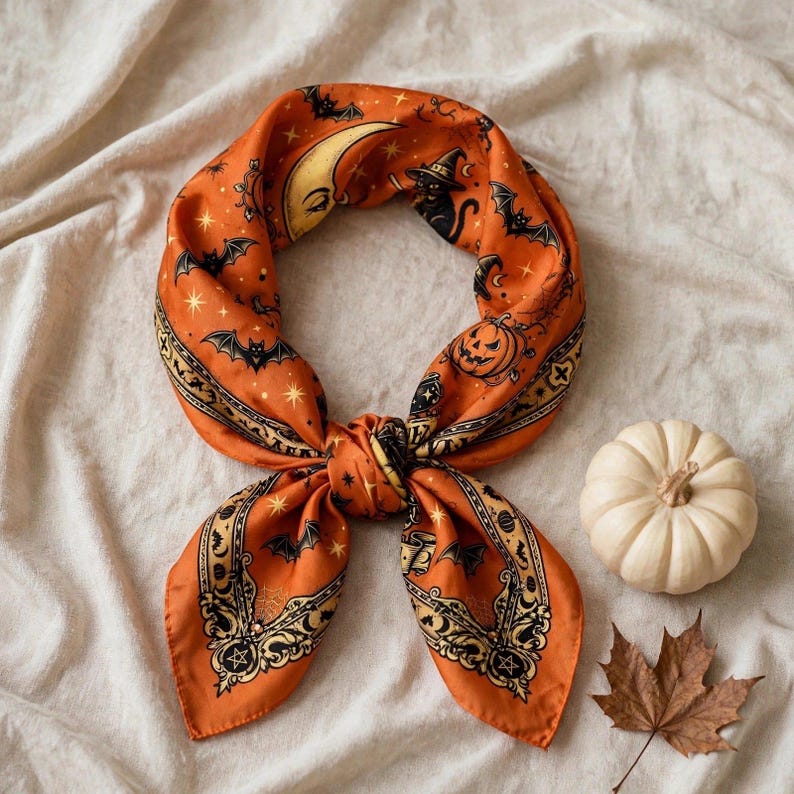 Vintage Halloween Scarf, Orange Satin Bandana, Cat Coven Hair Wrap, Spooky Black Cat Neck Tie, Retro Pumpkin Scarf