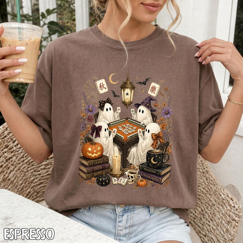 Comfort Colors Mahjong Ghost T-Shirt, Watercolor Halloween Tile Game Graphic