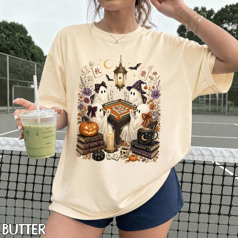 Comfort Colors Mahjong Ghost T-Shirt, Watercolor Halloween Tile Game Graphic