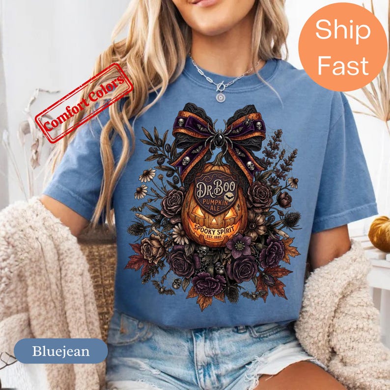 Dark Floral Halloween Shirt, Comfort Colors Gothic Pumpkin Bow Tee