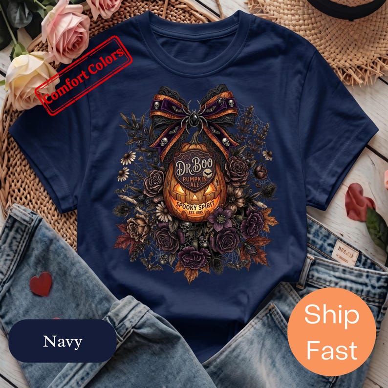 Dark Floral Halloween Shirt, Comfort Colors Gothic Pumpkin Bow Tee