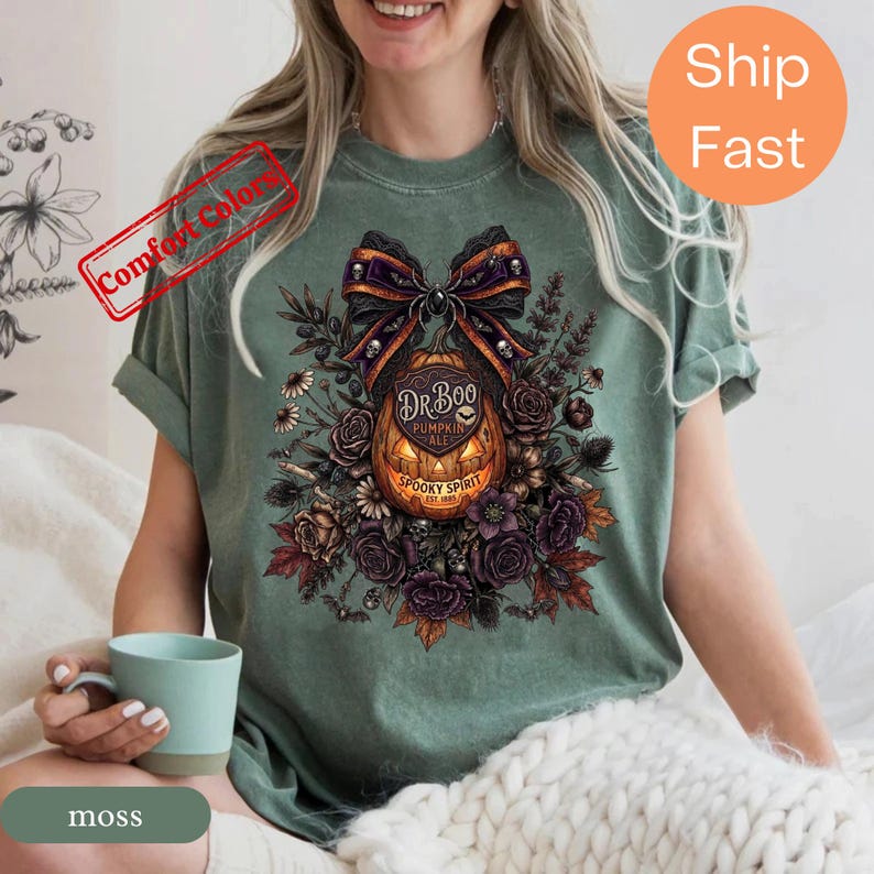 Dark Floral Halloween Shirt, Comfort Colors Gothic Pumpkin Bow Tee