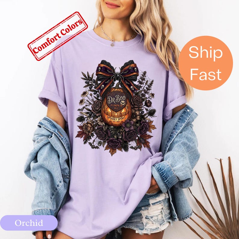Dark Floral Halloween Shirt, Comfort Colors Gothic Pumpkin Bow Tee
