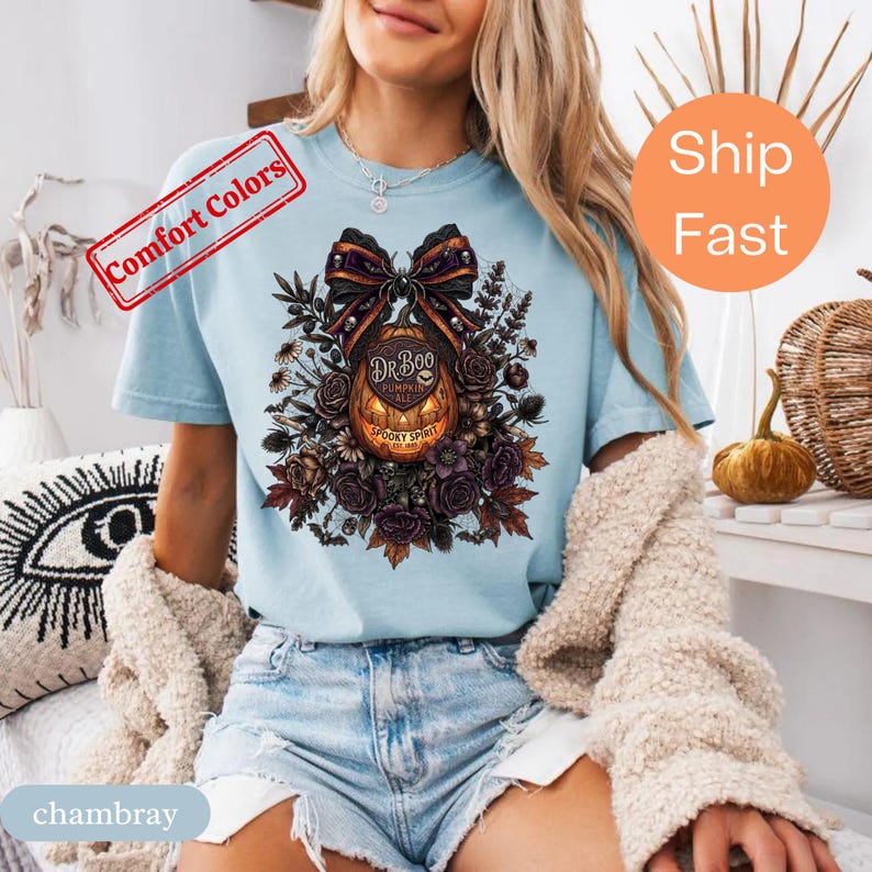 Dark Floral Halloween Shirt, Comfort Colors Gothic Pumpkin Bow Tee