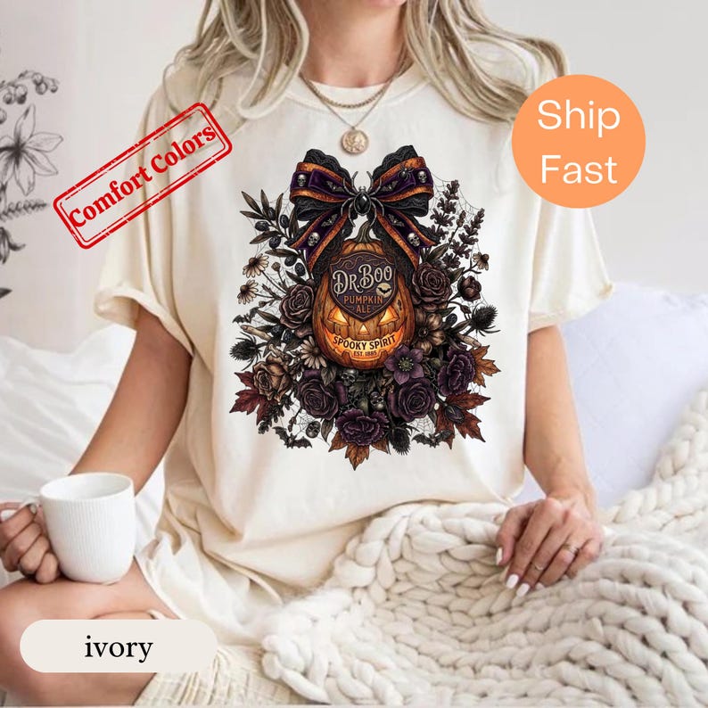 Dark Floral Halloween Shirt, Comfort Colors Gothic Pumpkin Bow Tee
