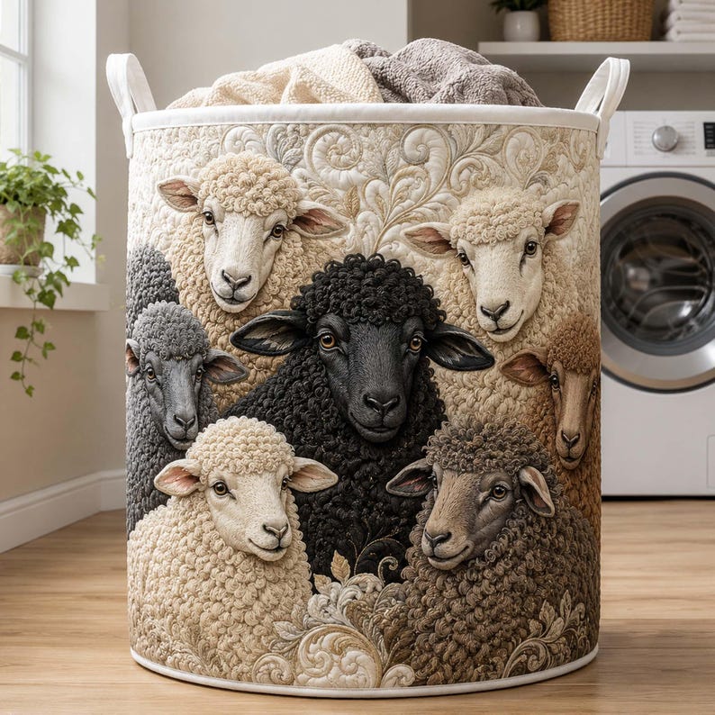 Sheep Quilted Laundry Basket, Farm Life Clothes Storage Bin, Sheep Lover Gift