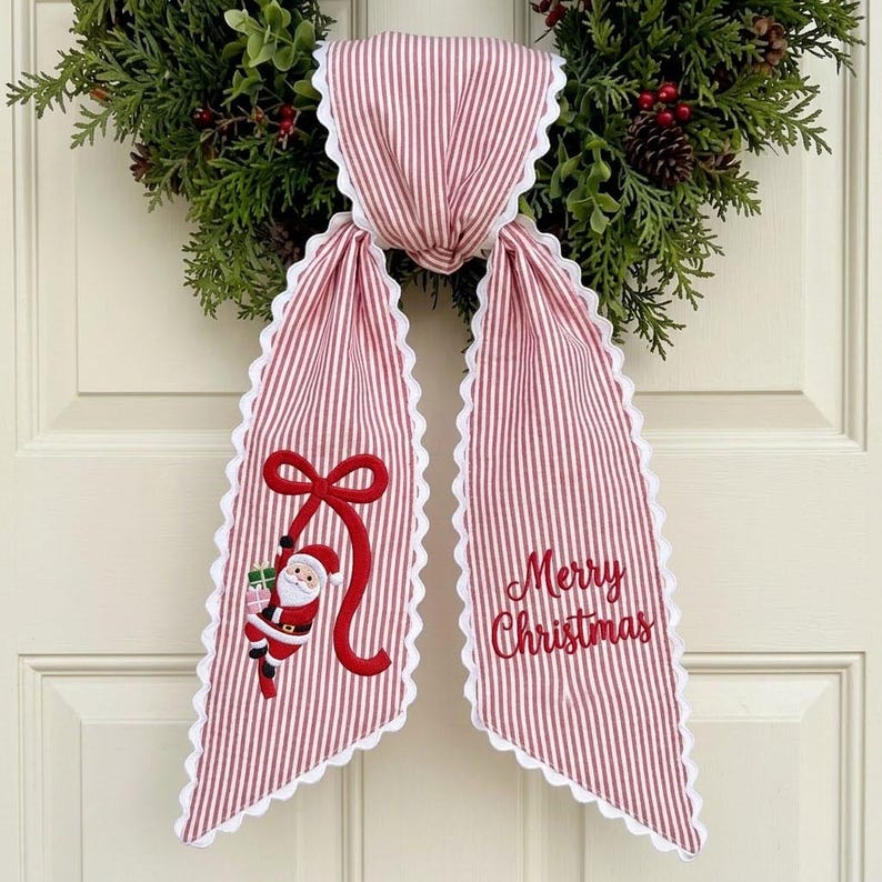 Personalized Christmas Wreath Sash, Embroidered Santa Monogram Ribbon, Green Striped Holiday Door Decor