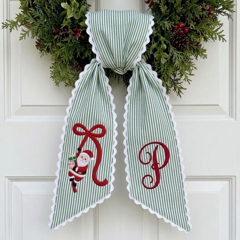 Personalized Christmas Wreath Sash, Embroidered Santa Monogram Ribbon, Green Striped Holiday Door Decor