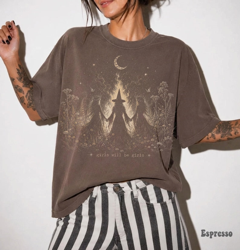 Vintage Girls Will Be Girls T-Shirt, Witchy Halloween Feminist Shirt