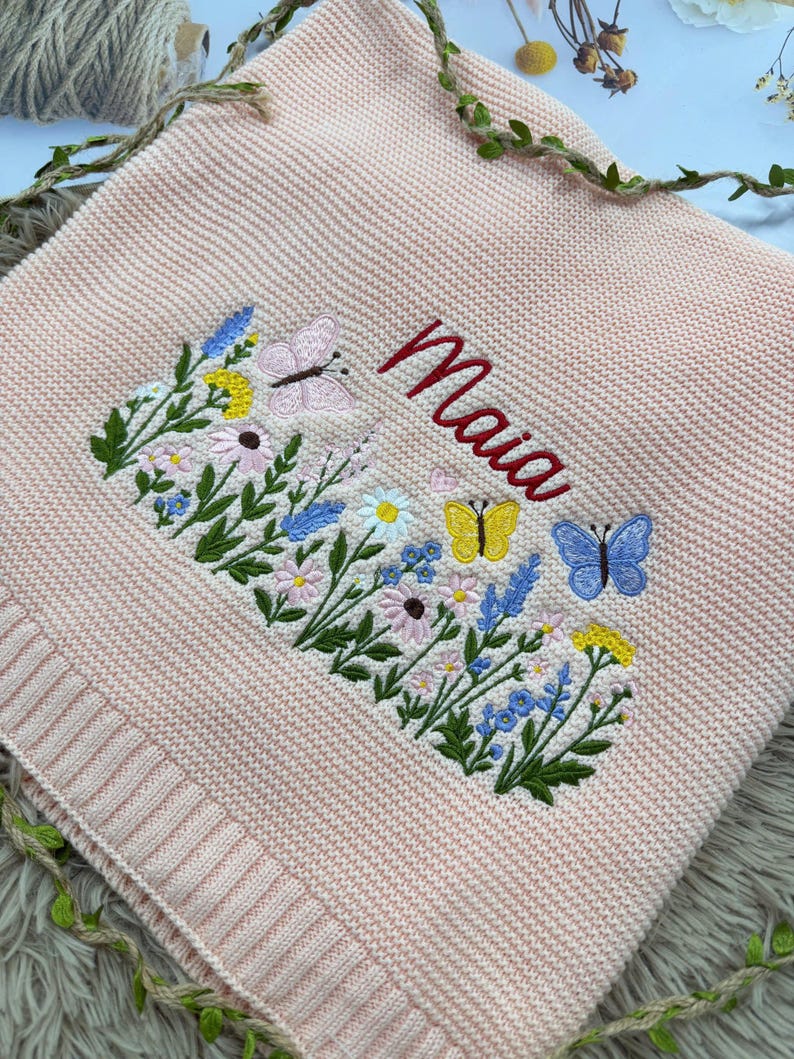 Personalized Wildflower Baby Blanket, Custom Name Embroidered Baby Blanket, Butterfly Knit Blanket, Baby Shower Gift