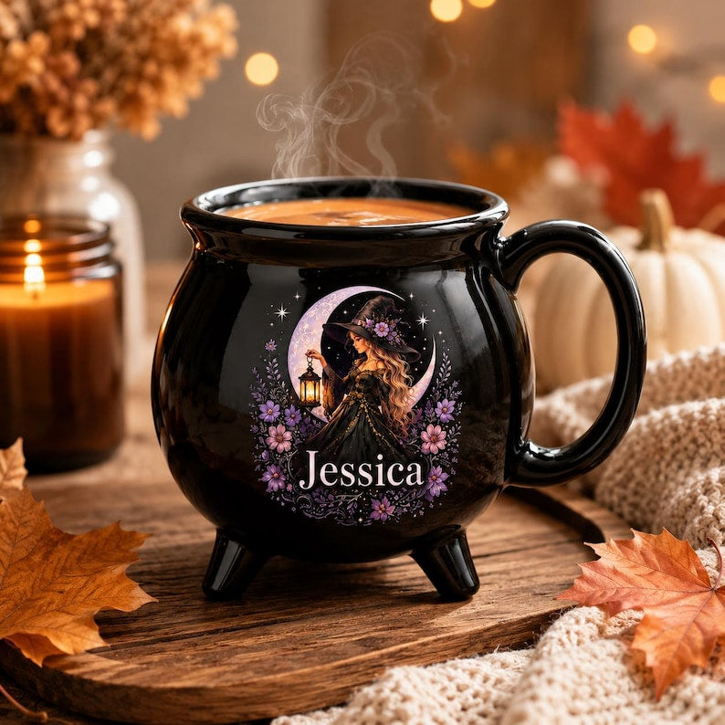 Personalized Witches Brew Cauldron Mug, Custom Name Halloween Coffee Cup Spooky Witch Gift