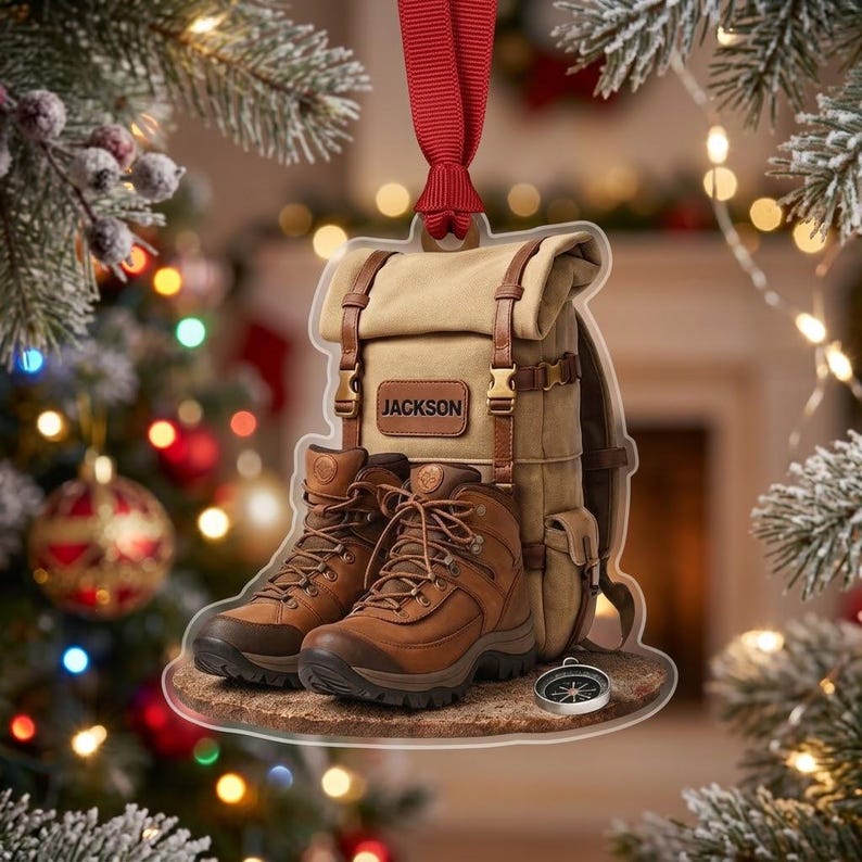 Personalized Hiking Backpack Ornament, Custom Hiker Boots Christmas Decor Keepsake