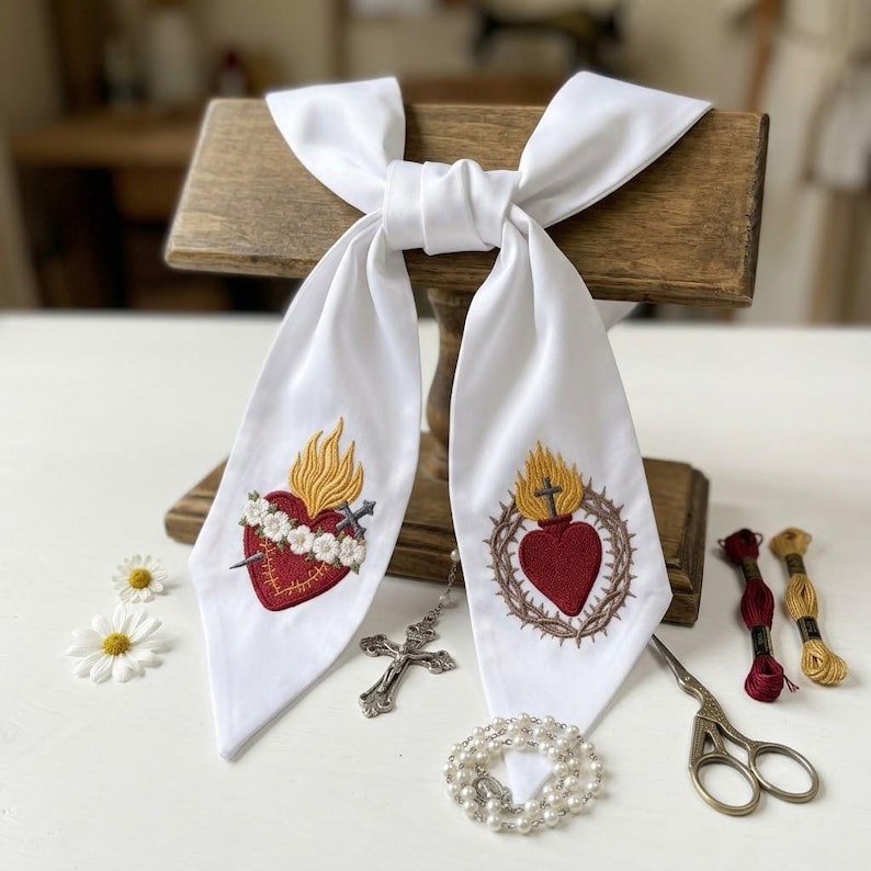 Embroidered Sacred Heart Wreath Sash, Catholic Home Decor, Immaculate Heart of Mary Door Ribbon, Religious Wreath Bow