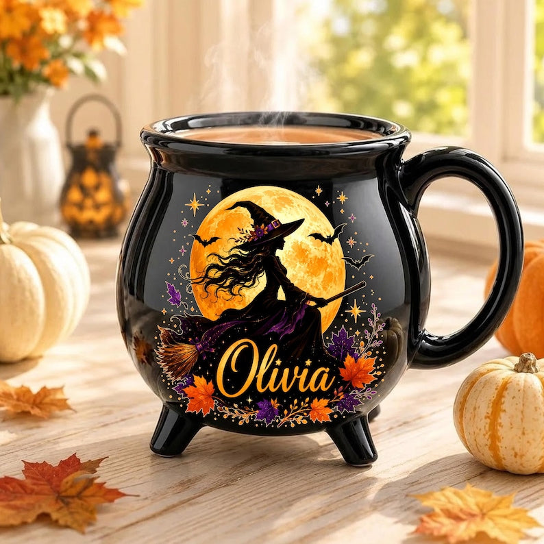 Personalized Flying Witch Cauldron Mug, Custom Name Halloween Ceramic Cup, Spooky Coffee Mug, Magical Fall Halloween
