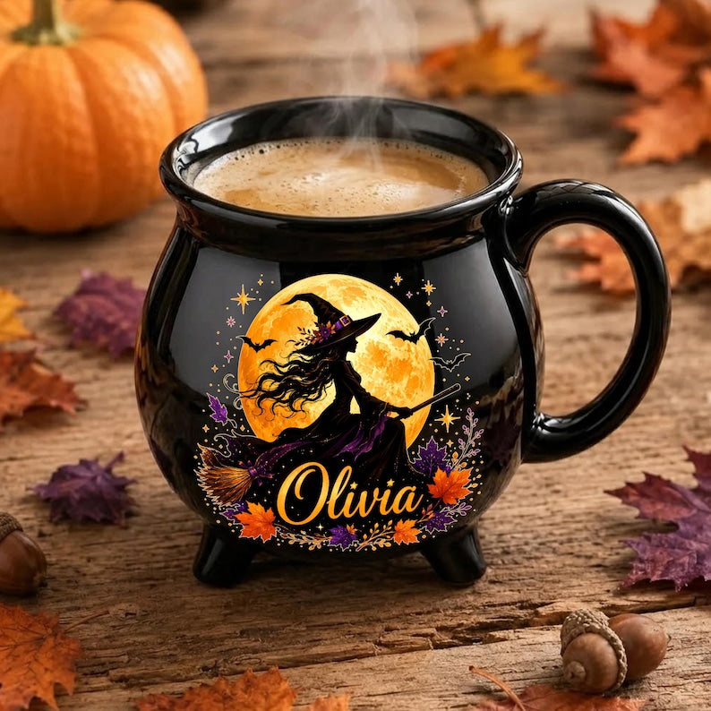 Personalized Flying Witch Cauldron Mug, Custom Name Halloween Ceramic Cup, Spooky Coffee Mug, Magical Fall Halloween