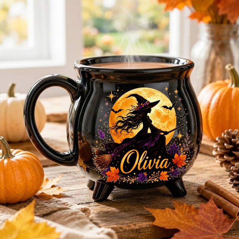 Personalized Flying Witch Cauldron Mug, Custom Name Halloween Ceramic Cup, Spooky Coffee Mug, Magical Fall Halloween