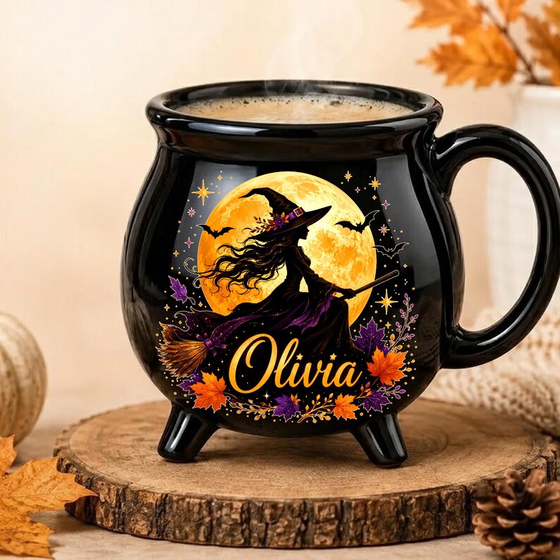 Personalized Flying Witch Cauldron Mug, Custom Name Halloween Ceramic Cup, Spooky Coffee Mug, Magical Fall Halloween